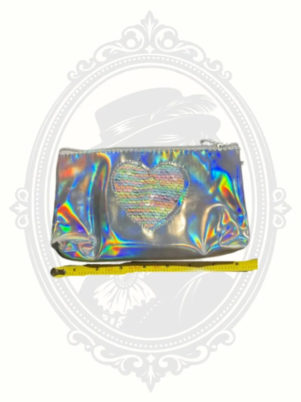 Y2K Silver Holographic Makeup Bag Reversible Sequin Heart Cosmetic Pouch